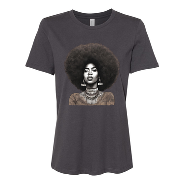 Black t-shirt featuring an illustration of a beautiful woman with an afro, celebrating confidence and natural beauty- inspirational tees